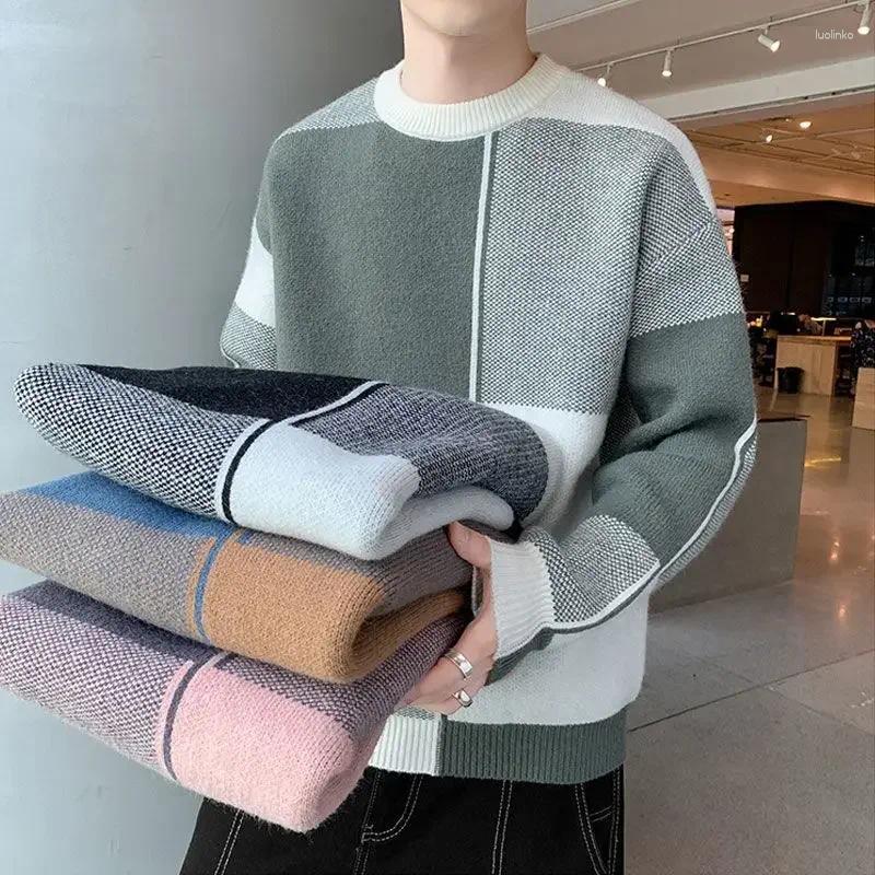 Men's Sweaters Thick Knitted For Men Round Collar Pullover Man Contrasting Colors Crewneck Long Sleeve Vintage Original