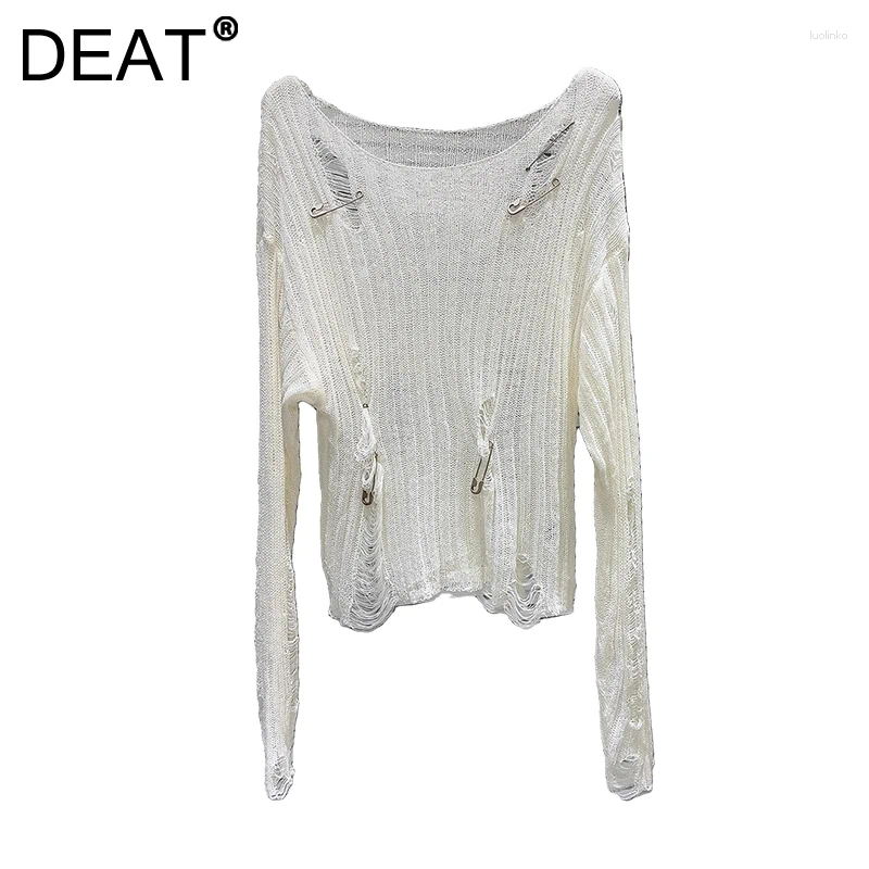 Women's Sweaters DEAT Women Knitted Pullover Long Sleeve Thin Style Broken Holes Pin Decoration Sunscreen Smock 2025 Summer Fashion 11A04436