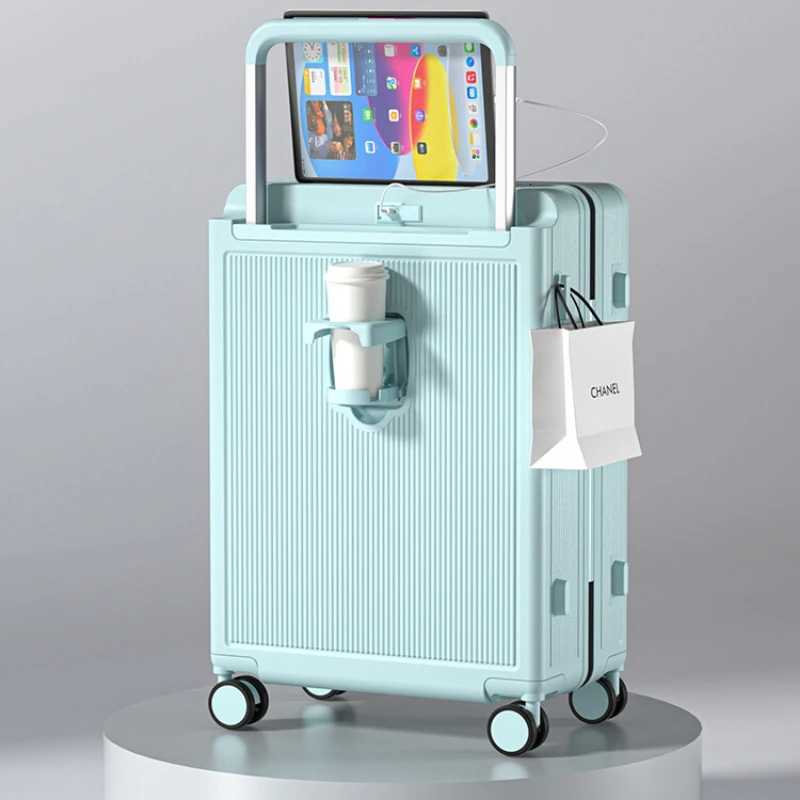 20/22/24/26 Inch Multifunction USB Charging Trolley Case Womens Luggage Travel Bag ABS+PC Password Rolling Suitcase Case W250805-image-1069931891