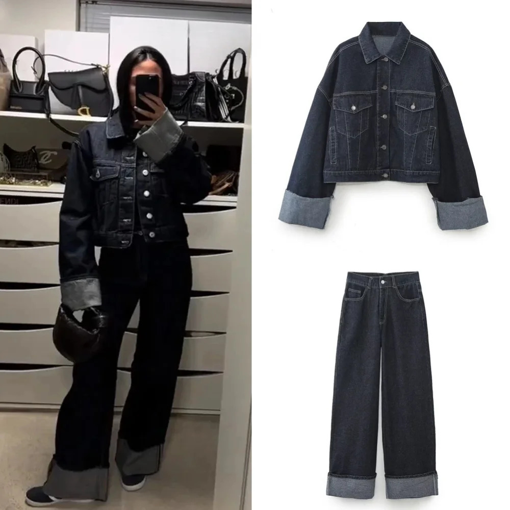 Autumn Women Turn-Down Collar Chic Casual Loose Top Short Denim Jacket Crimping Wide-leg Jean 2 Piece Set Suit 250806