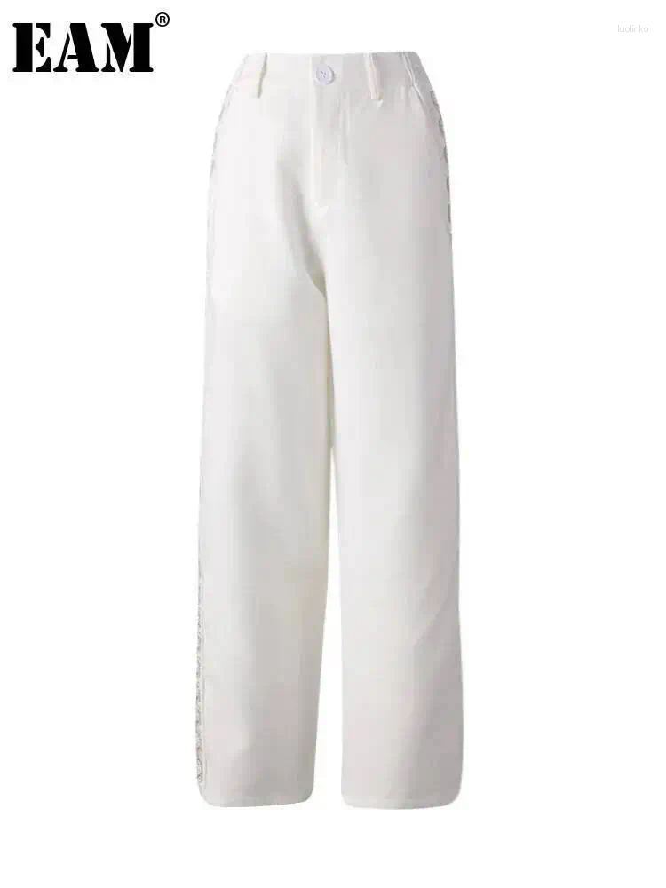 Women's Pants EAM High Elastic Waist White Pearl Embroidery Long Wide Leg Trousers Women Fashion Tide Spring Autumn 2025 CPG4116