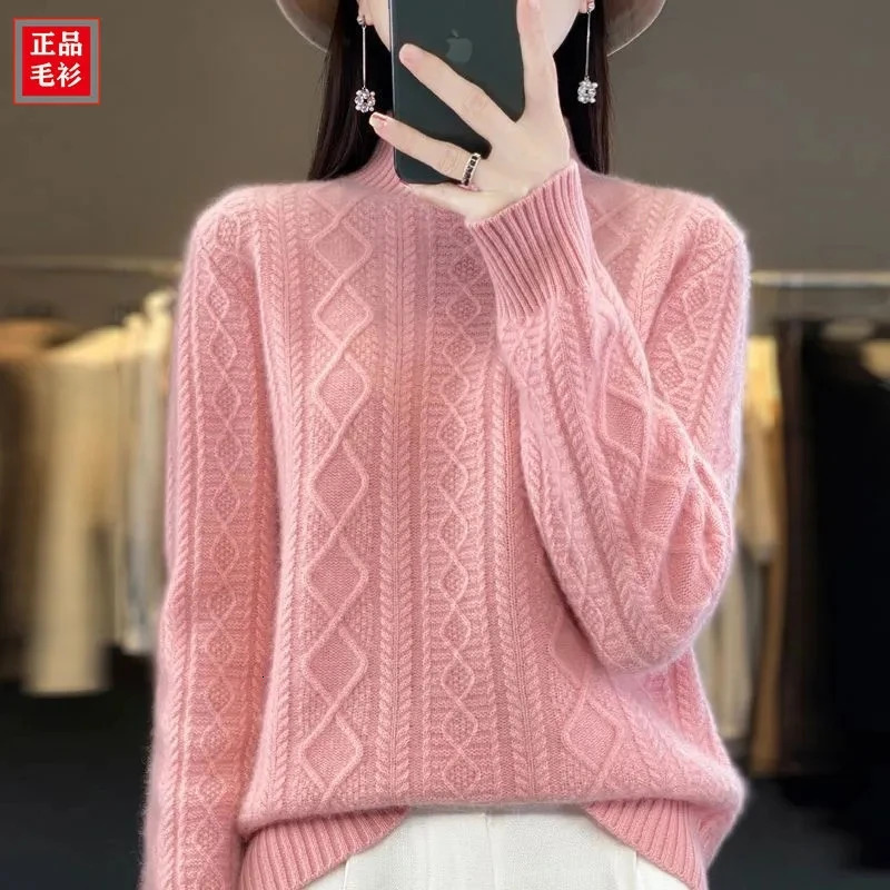 2024 Women Autumn Winter Sweater Thick 100% Merino Wool Turtleneck Casual Cashmere Knitwaer Pullover Korean Fashion Tops250804