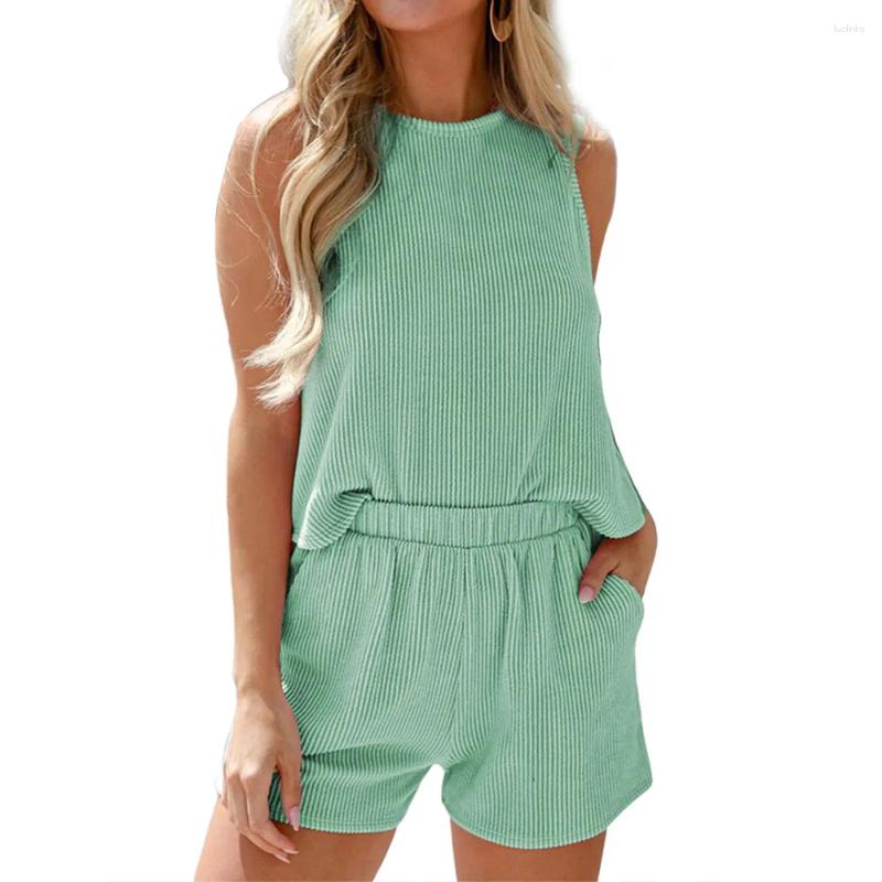 Women's Tracksuits Vest Suit Summer Loose Round Neck Shorts Two-piece Set Solid Color Rib Casual