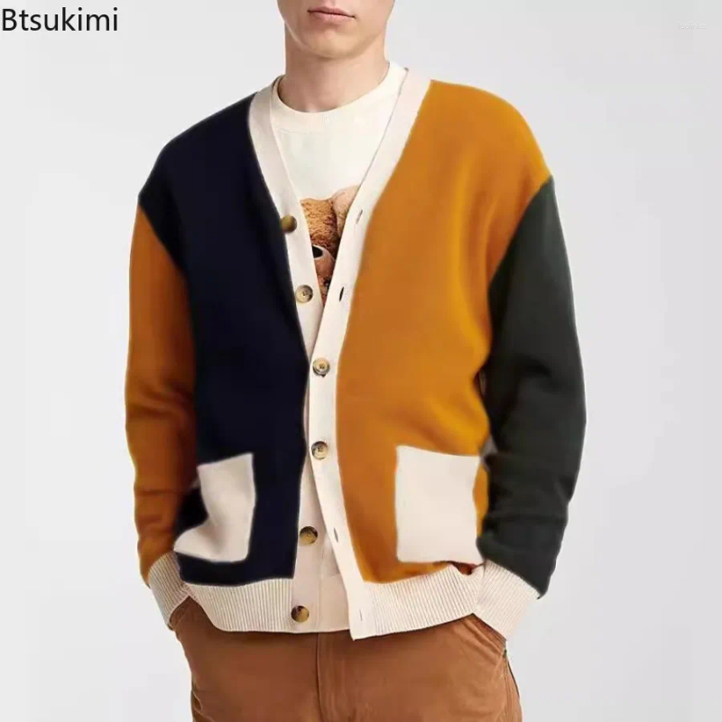 Men's Sweaters Casual Knitwear Cardigan Fashion Patchwork Long Sleeve Knit Sweater Coats Spring Autumn Vintage Contrast Color