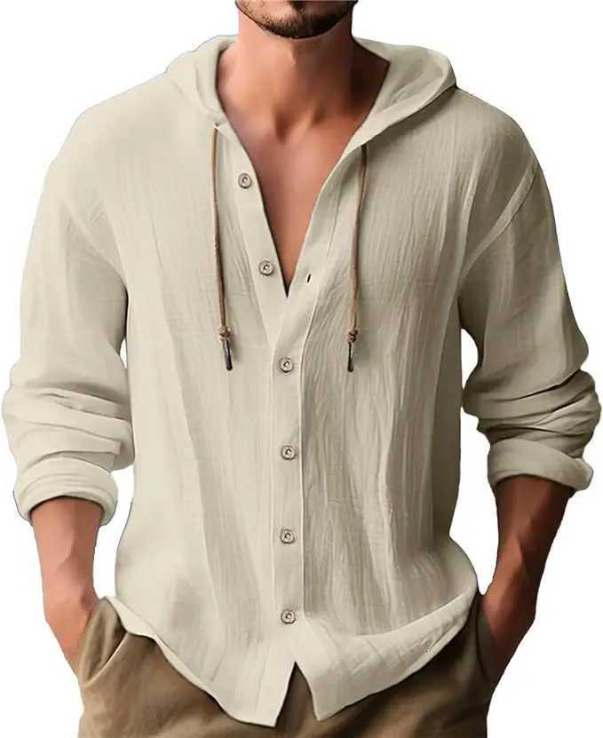Mens T-shirt Long-sleeved Hooded Cotton Linen Buttons Basic Casual Street Fashion Top Streetwear Tees W250806