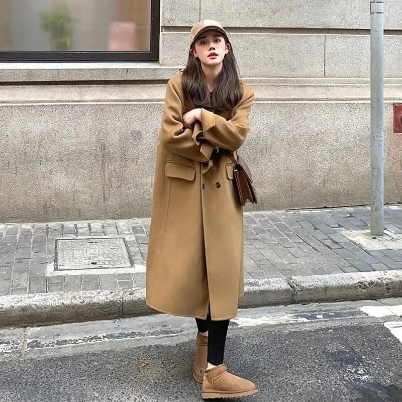 Ladies Style Autumn Winter Long Coat Womens Loose Fit Medium Length Hepburn Style Woolen Jacket Thick Full Sleeve Solid Color 250805