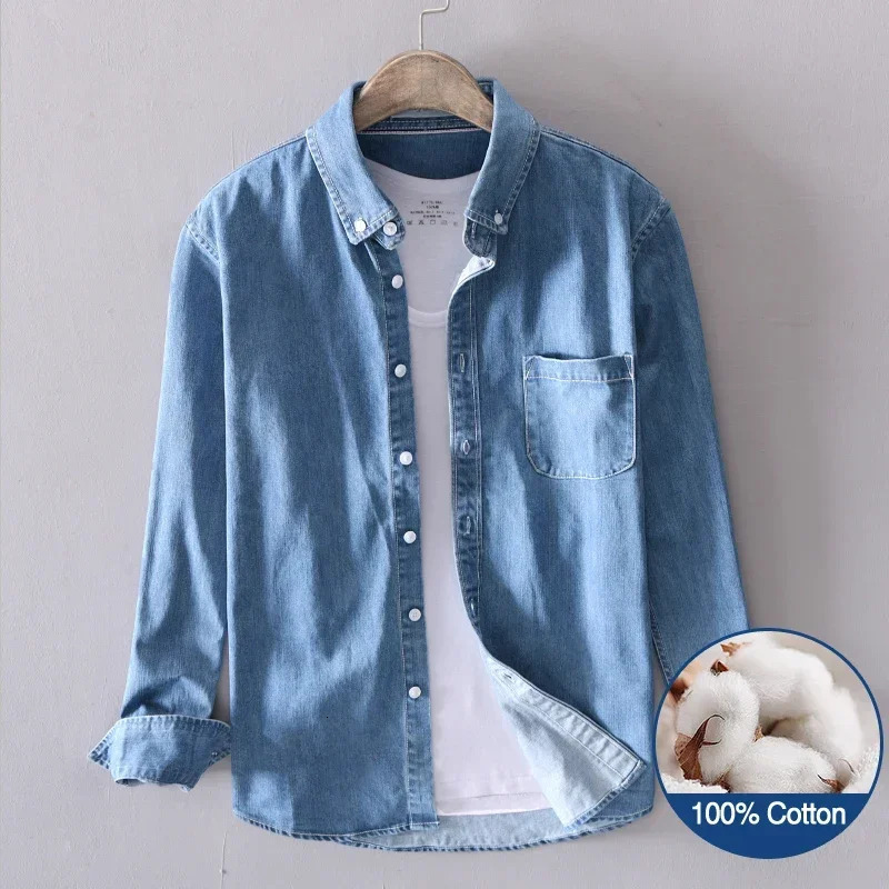 100% Cotton Autumn Long-sleeved Denim Shirt Men Fashion Casual High Street Male Clothes Top Classic Light Blue Black Gray 250804