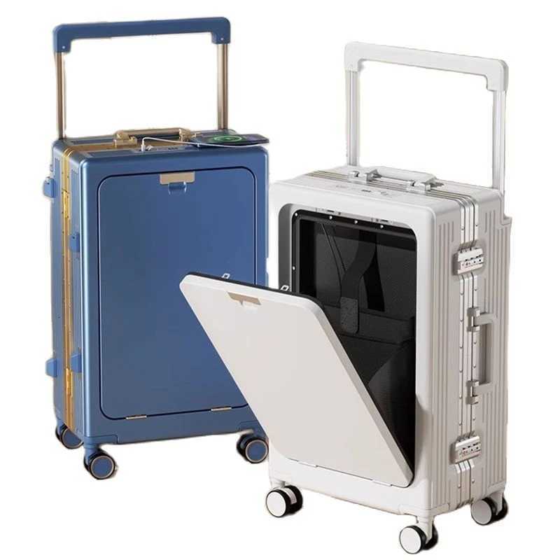 Silver Wide Trolley Luggage Front Opening Multi-Function USB Charging Port 20 Inch Boarding Lockbox Notebook Business Suitcase W250805-image-1069931830