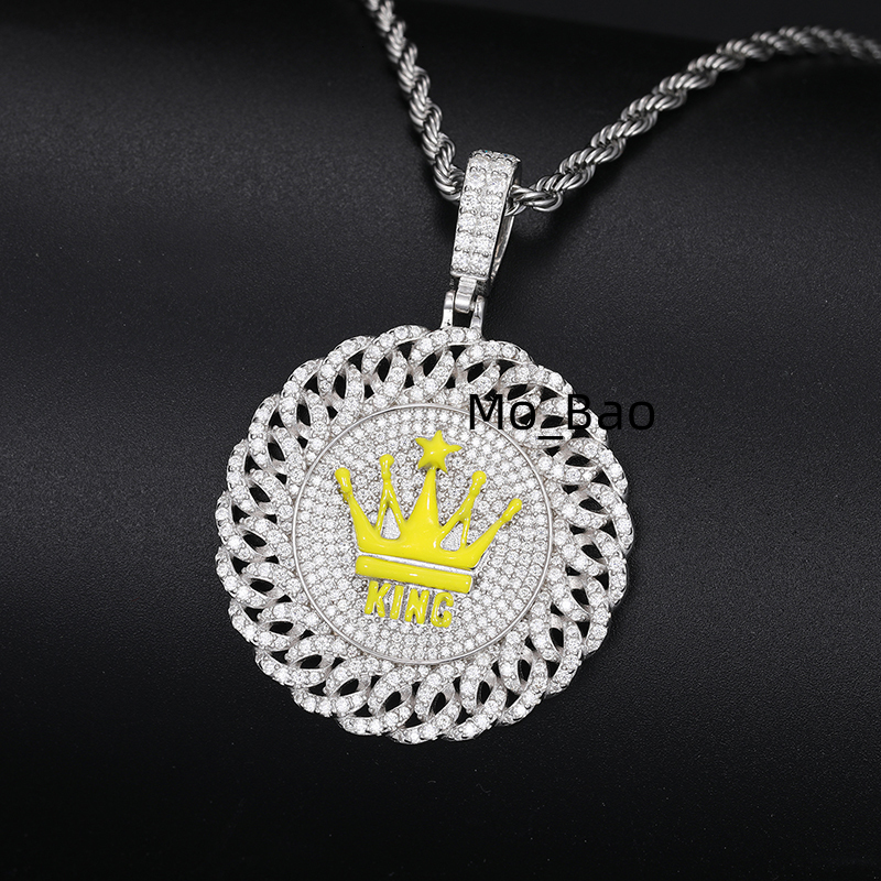 Glow in the Dark Iced Out Jewelry Silver Pass Diamond Tester VVS Natural Moissanite Cuban Disc King Crown Pendant Necklace
