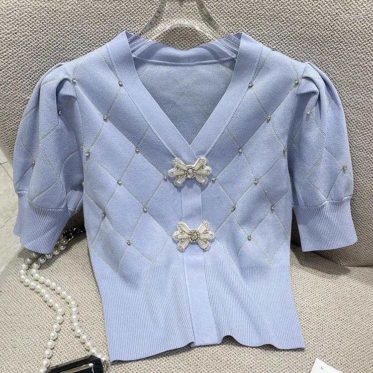 Women's Sweaters French Elegant Knitted Women Blue Sweet V-neck Cardigan T Shirts Summer 2025 Short Sleeve Nail Bead Sweater Slim Tops