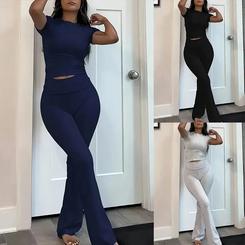 Fashionable Pure Color Casual Two-Piece Set SRX076 Womens Short Sleeve Long Pants Suit Elegant Minimalist Ensemble 250801