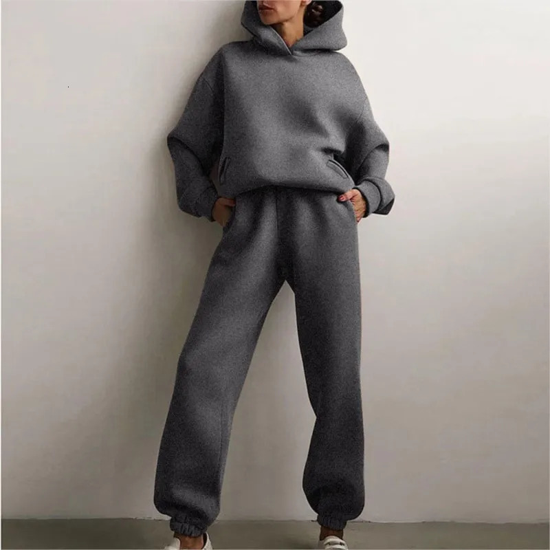 Womens Sportswear Casual Solid Color Long Sleeve Hooded Sports Suit Fall Warm Hoodie Sweatshirt And Pants Fleece Two-Piece Set 250801