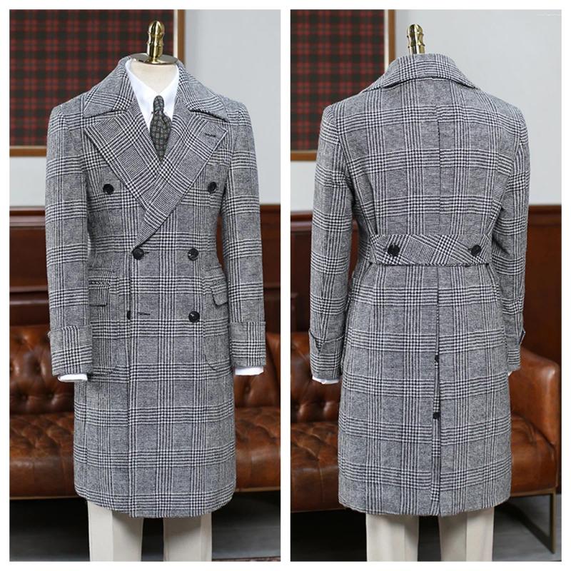 Men's Suits Black White Herringbone Pattern Long Suit Classic Plaid Double-breasted Jacket Thick Winter Wool Coat Formal Blazer