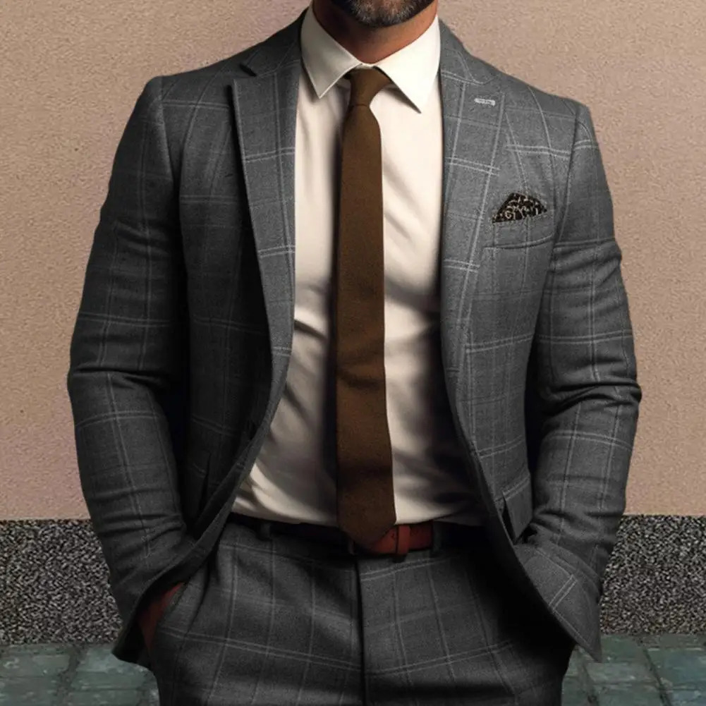 Men Suit Jacket Formal Plaid Print Long Sleeve Single Button Closure Business Coat Mid Length Cardigan Work Office Coat 250801
