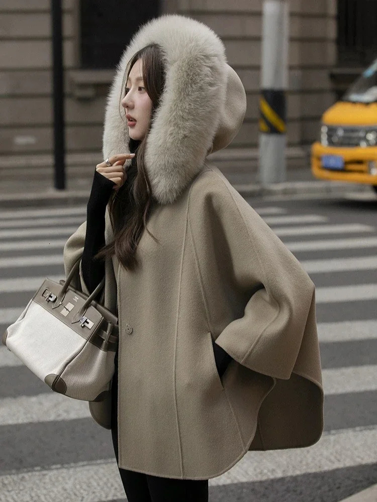 OFTBUY Autumn Winter Cloak Top Clotnes Hooded Fox Fur Woolen Blends Jacket Women Fashion Thick Warm Cashmere Wool Coat 250801