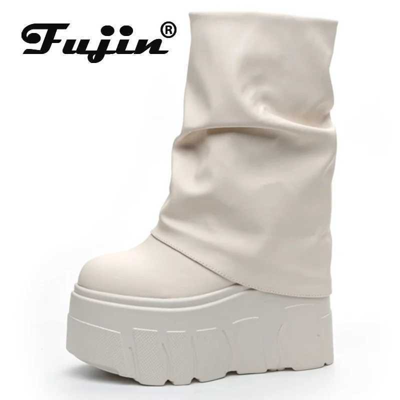 fujin 14cm Microfiber Leather Autumn Boots Flats Plush Ankle Booties Women Platform Wedge Thick Sole Motorcycle Winter Shoes T250807