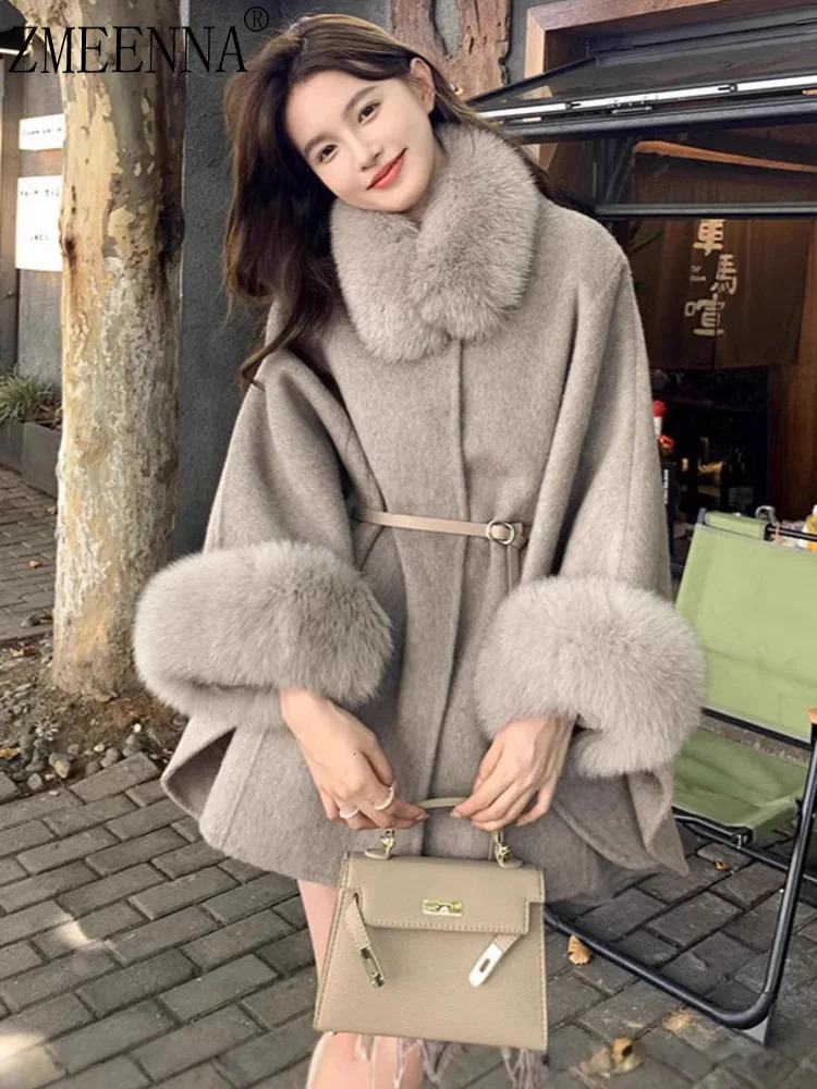ZMEENNA Stylish Womens Faux Fur Collar Cuff Cape Coat Warm Winter Outerwear With Belt Elegant Loose Fit Jacket ZM3533 250801