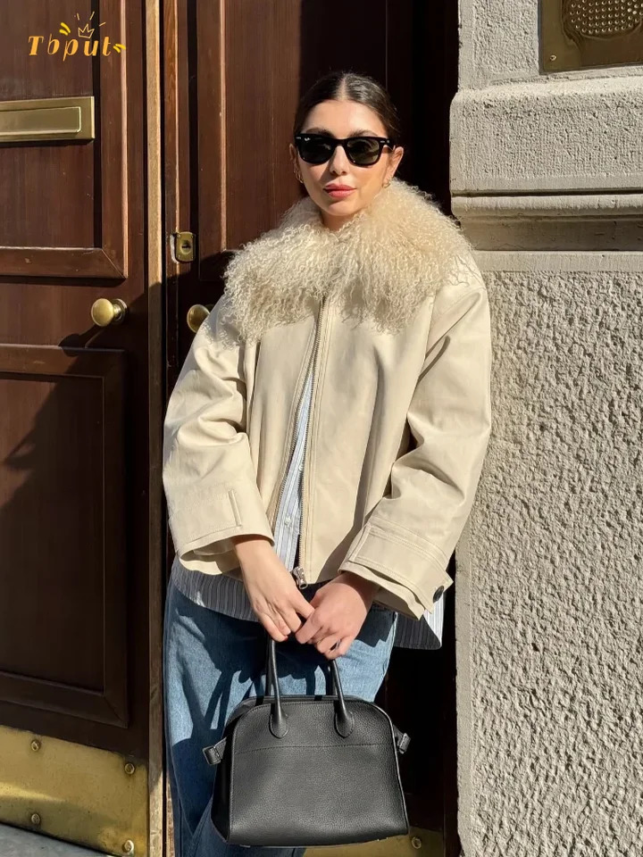 Womens Solid Lamb Wool Collar Jacket Fashion Lapel Long Sleeve Zipper Loose Short Coat Autumn Daily High Street Outerwear 250801