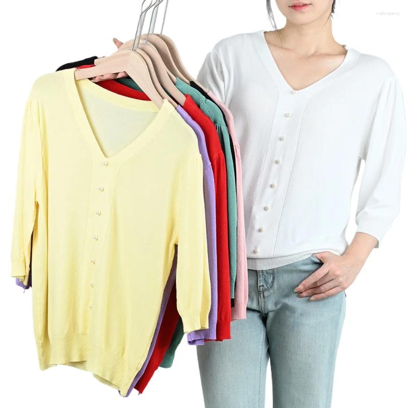 Women's Sweaters Women V-neck Ice Silk Knitted T-shirt Female Simplicity Solid Color Half Sleeve Knitwear Girl Lady Yellow Button Tops