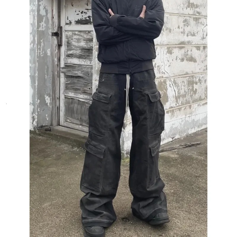 Smoky Grey Men Womens Cargo Pants Wide Leg Washing Grey Jeans RO Style 23ss Fashionable Casual Pants From China 250801