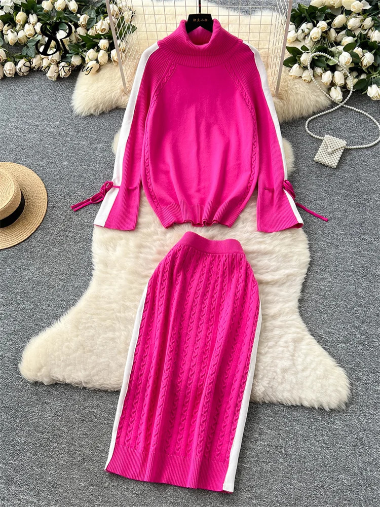 SINGREINY Senior Color Block Sweater Suits Turtleneck Thick Warm PulloverElastic Twist Chic Bodycon Skirt Autumn Knitted Sets 250801
