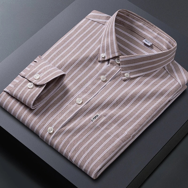 Classic Striped Shirt Men 100% Cotton Mens Long Sleeve Shirt Business Formal Easy-care Casual Long Sleeve Shirt for Men 250804