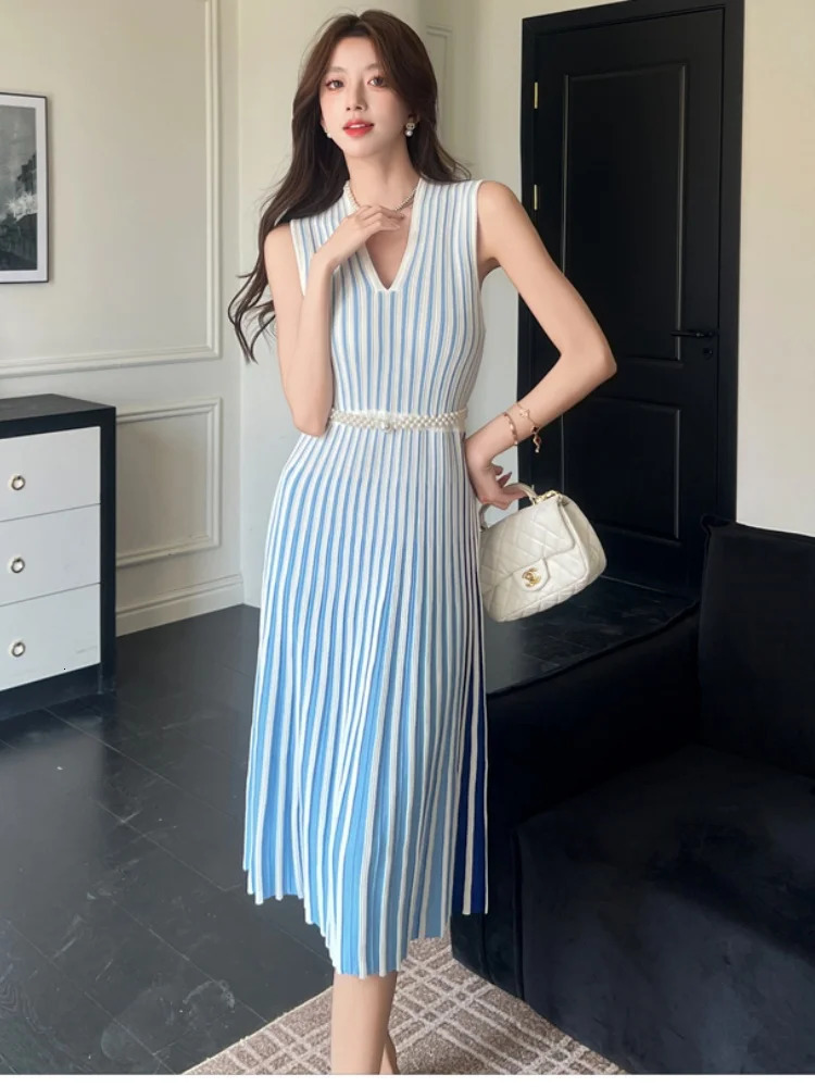 HMA Fashion Summer French Style V-Neck Striped Knitted Dress For Women Sleeveless Mid-Length Sweater Dresses 250801