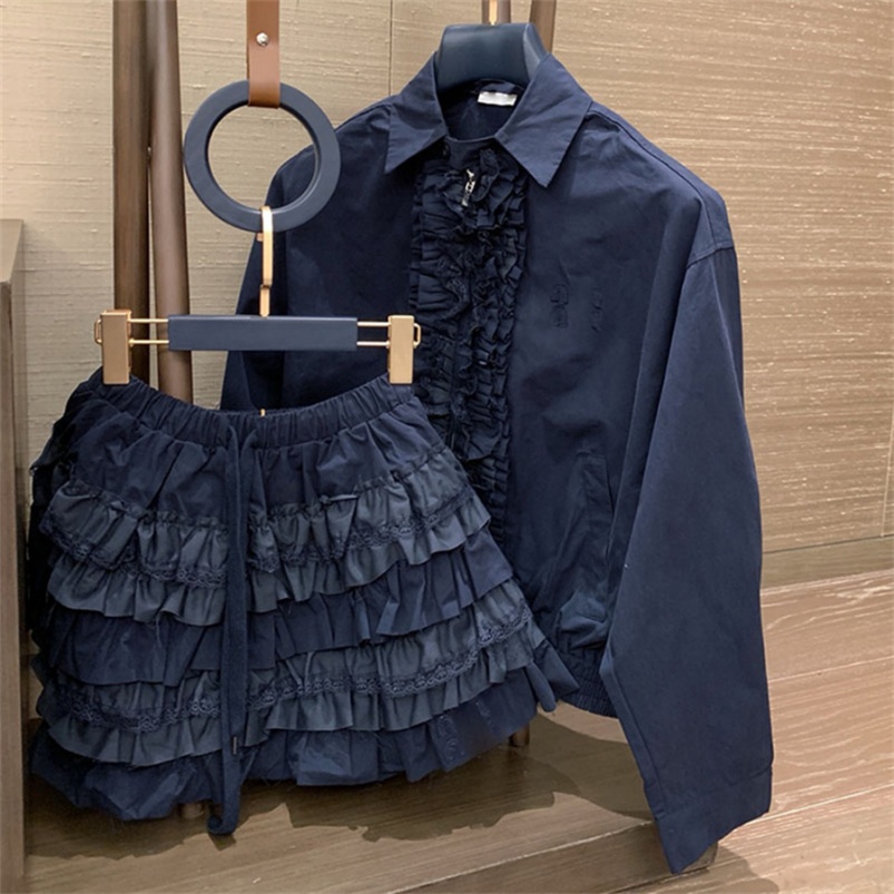 Designer Womens Lapel Jacket Mini Skirts Set Y2k Style Lace Cake Skirt Long Sleeve Cropped Outerwear Spring Autumn Casual Jackets Short Dress Outfit