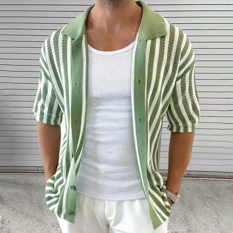 Summer Elegant Striped Mens Knitted Polo Shirts Short Sleeve Turn-Down Collar Button Cardigan Top Mens Casual Knitted Shirt 250801
