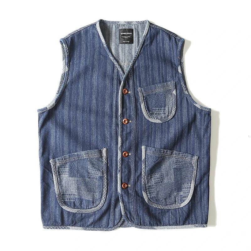Men Japanese Streetwear Retro Fashion Loose Casual Stripe Denim Vest Sleeveless Jacket Unisex Jeans Waistcoat Cowboy Vest 250801