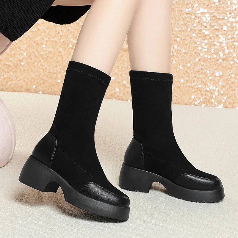 Autumn Winter Retro Versatile Stretch Long Tube Boots Women Fashion Slip On Chunky Platform Goth Thick Heel Suede Boots 250804