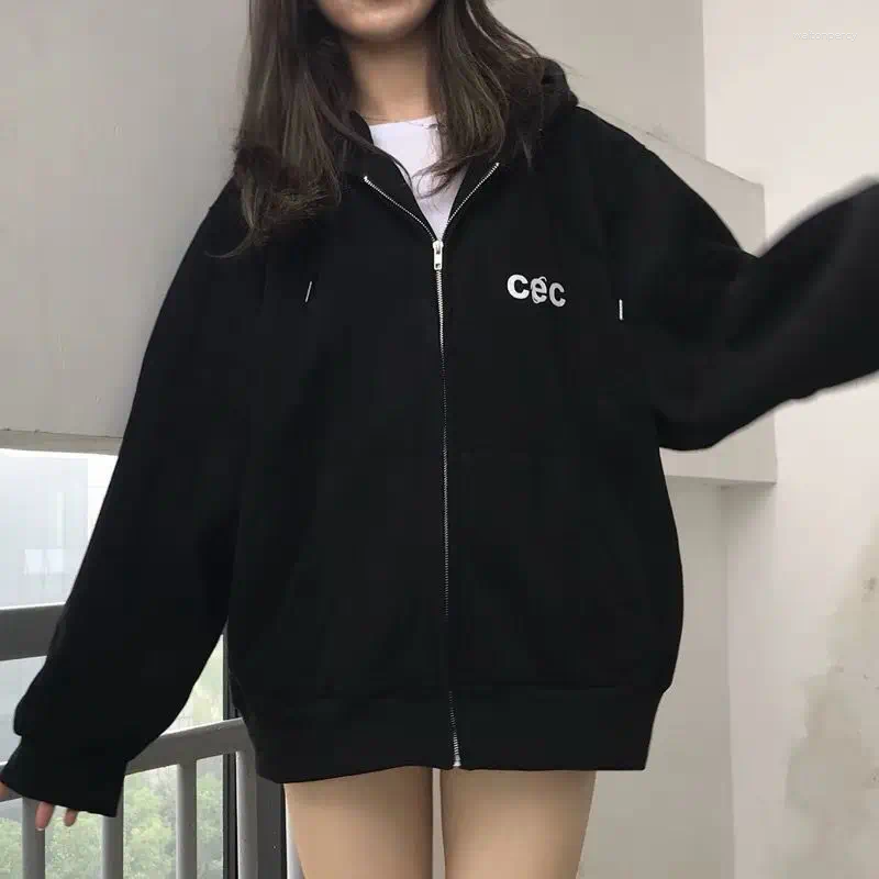 Women's Hoodies Korean Loose Zipper Hooded Coats Fashion Women Long Sleeve Letter Print Autumn Winter Fleece Casual Vintage Sweatshirts