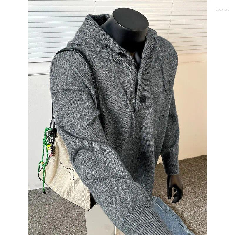 Men's Sweaters 4Colors Mens Knitted Hooded Solid Color Casual Pullover Spring Autumn Comfortable Buttons V-neck Loose Lazy Sweater