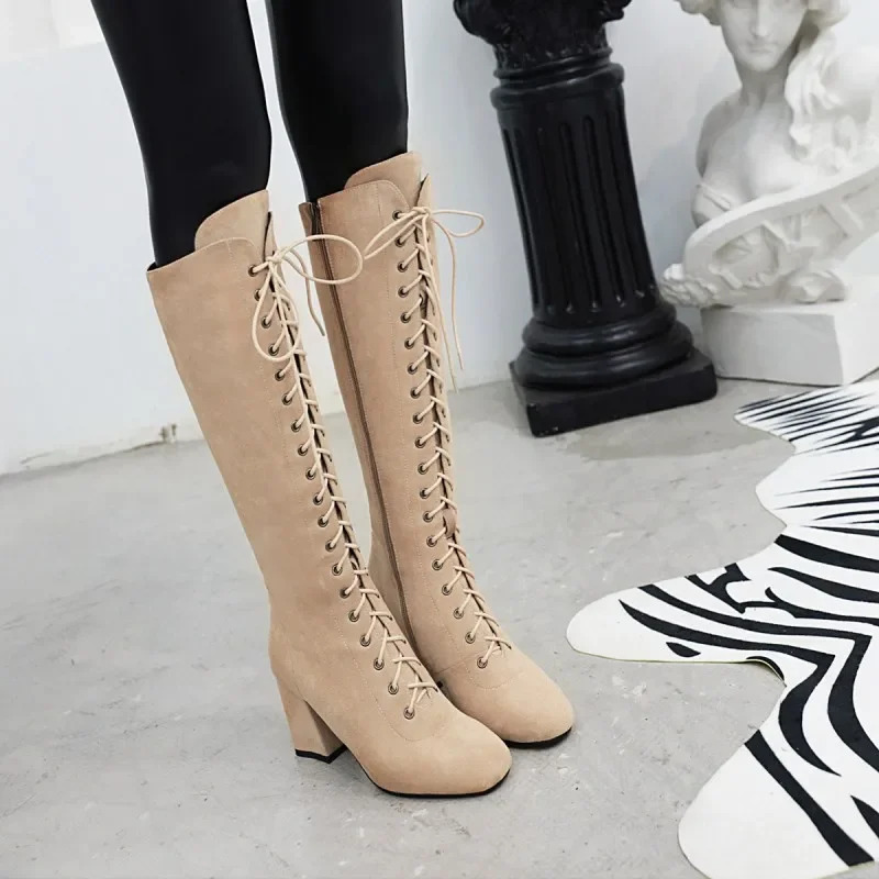 Oversize Large size Big size High quality autumn and winter womens shoes Square toes Thick Heel Lace-up cowboy boots 250804