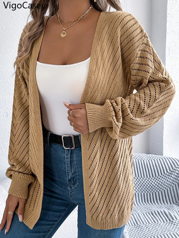 VigoCasey Autumn Winter Female Solid Sweater Cardigan Women Long Sleeve Cardigan Lady Hollow Loose Knitted Coat Outwears 250801