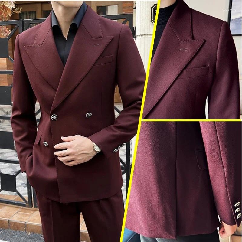 Men's Suits British 2 Piece Men Wine Red Double-breasted Stylish Business Casual Solid Blazer Party Prom Suit Jacket Pants