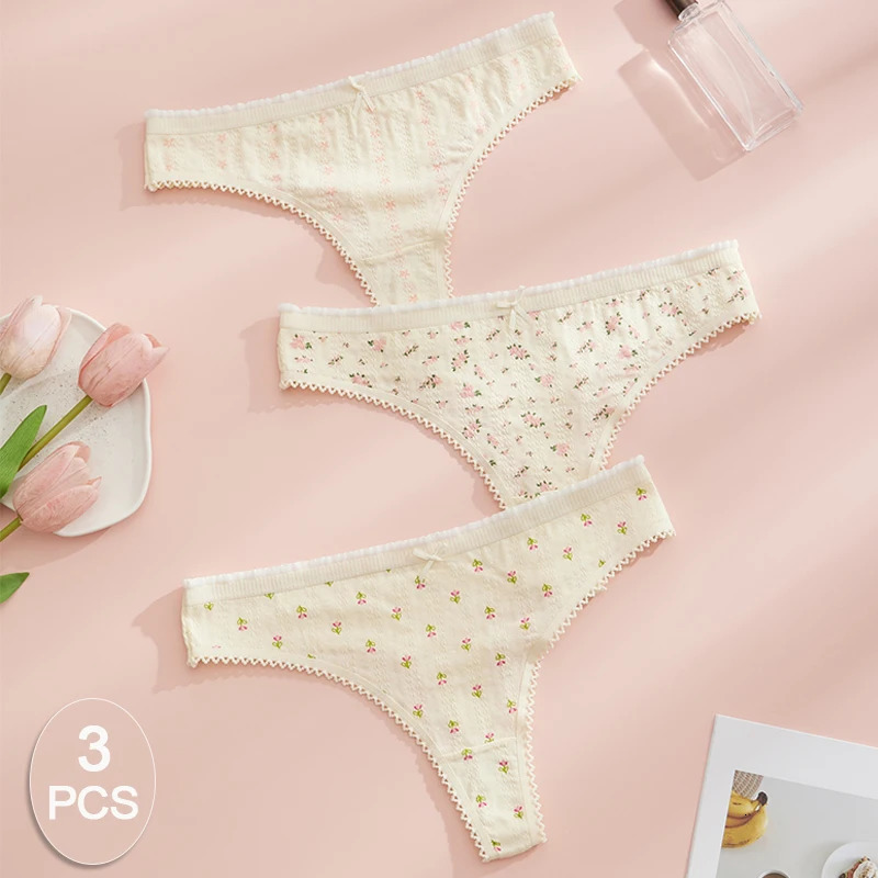 3pcs Fashion Cute Print Panties For Women Thongs Cotton Spring Summer Soft Lingeries Sexy Bow WomenS Thong 250805