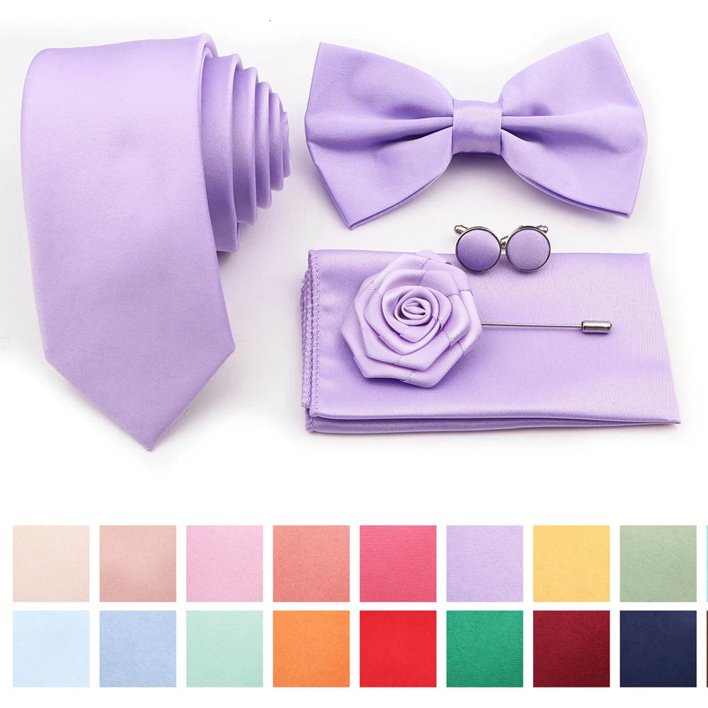 Purple Pink Sage Green Tie Set Polyester Necktie Bowtie Cufflink Brooch For Groom Suit Wedding Cravat Shirt Accessory 250806