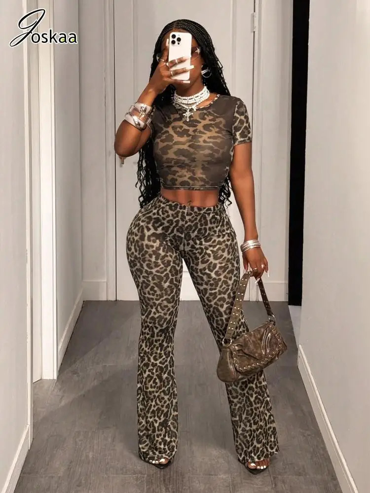 Joskaa Womens Leopard Print Two Piece Set Sexy O-Neck Short Sleeve Crop T-Shirt Pants Matching Tracksuits Y2K Streetwear 250801