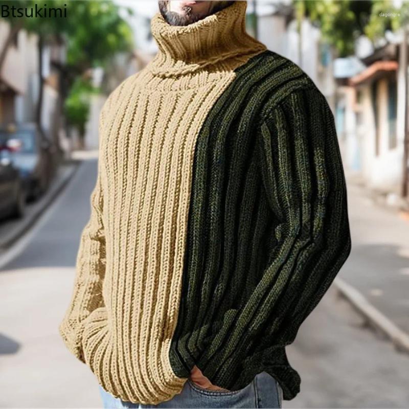 Men's Sweaters Turtleneck Autumn Winter Long Sleeve Knitted Slim Pullovers Fashion Splice Contrast Color Sweater Men Clothes