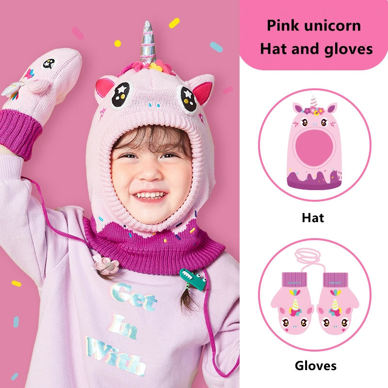 Kids Hat Scarf Gloves Set 3D Dinosaur Unicorn Modeling Baby Girl Boy Winter Windproof Hat For Kids Warm Knitted Beanie Cap 250806