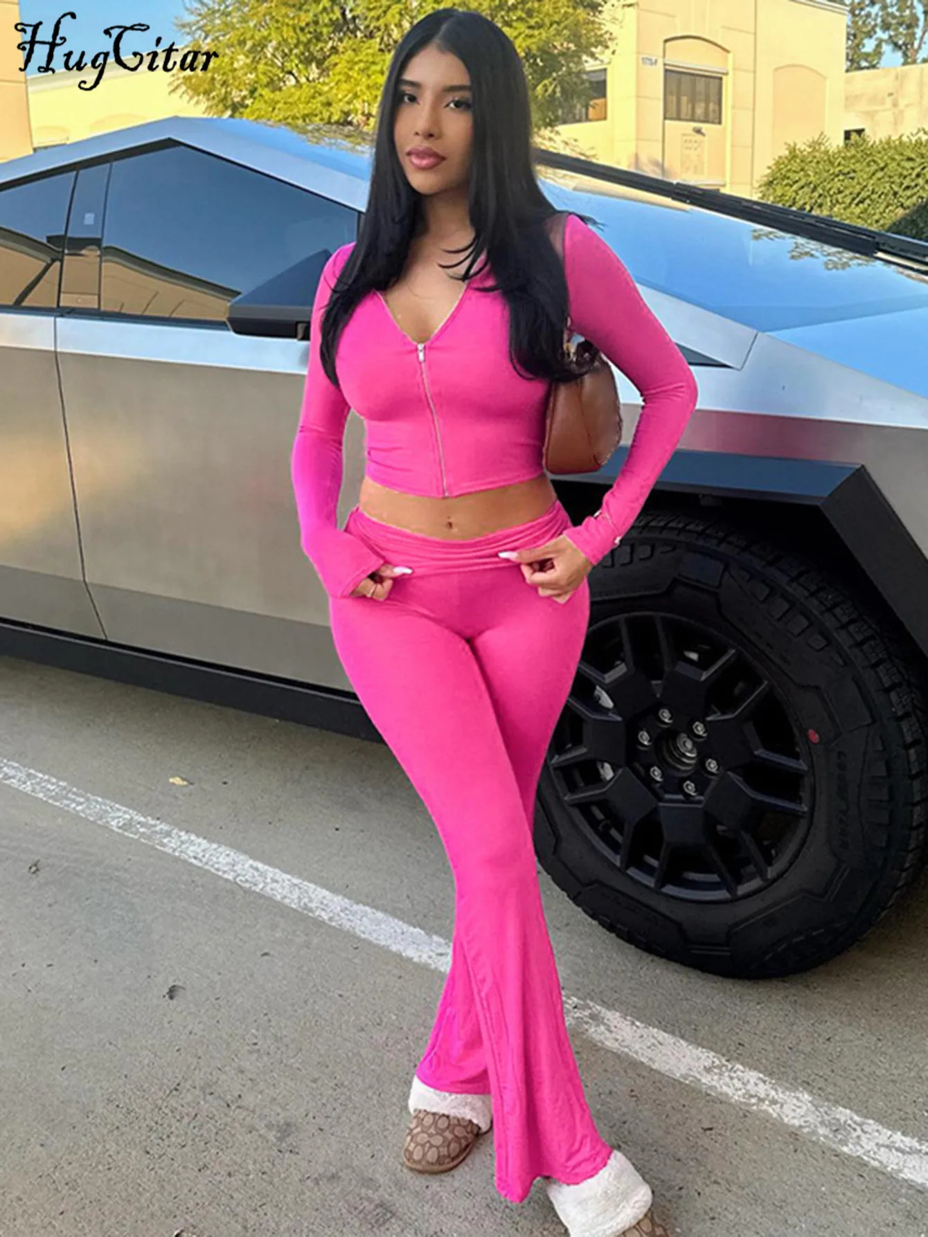 Hugcitar Casual 2 Pcs Sets Solid Hoodies Long Sleeve Zipper Crop Top Flare Pants Women Fashion Outfits Vacation Sport Gym 250801