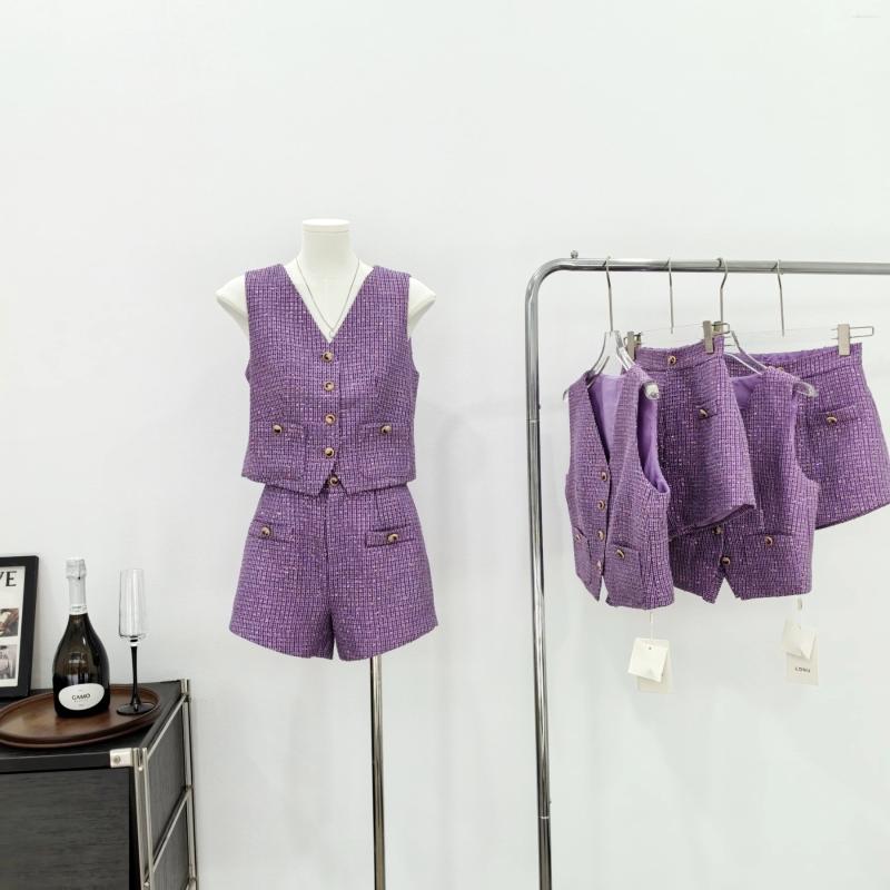 Women's Tracksuits Summer French Style Bling Sequined Tweed Two Pieces Short Suit Lady V Neck Sleeveless Vest Top High Waist Shorts
