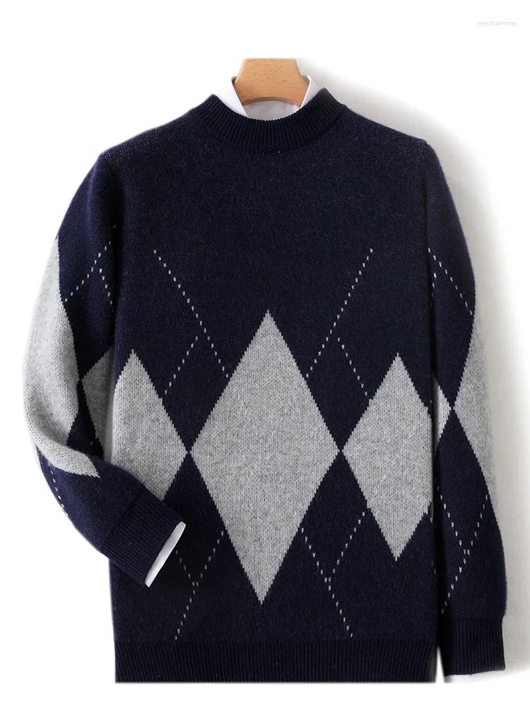 Men's Sweaters 2025 Cashmere Sweater Autumn Winter Rhombus Knit O-neck Pullover Long Sleeve Clothing Merino Wool Knitwear Tops