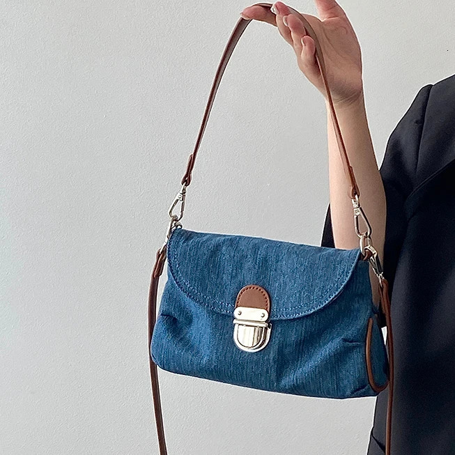 Retro Denim Womens Small Shoulder Bag Soft Canvas Ladies Crossbody Bags Lock Female Tote Purse Underarm Bag Handbags 250804