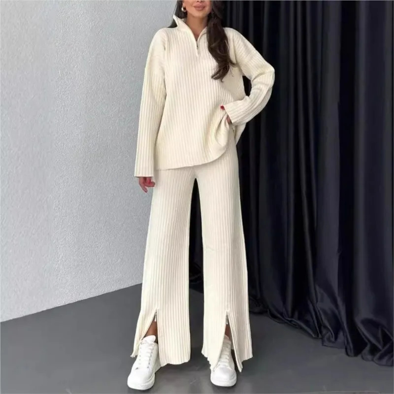 Winter Womens Zipper High Neck Ribbed Two Piece Set Casual Pullover Warm Tops High Waist Split Wide Leg Trousers Women 250801