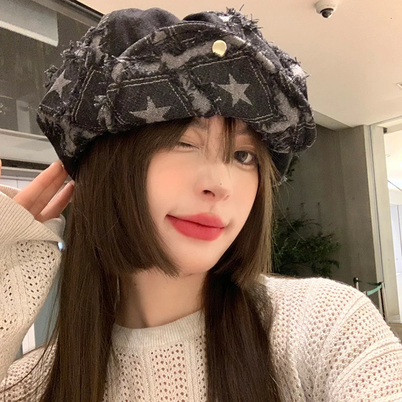 Y2k Rough Edge Star Denim Berets Caps Showing Face Small Spring and Autumn Ins Korean Niche Retro Womens Hats 250806