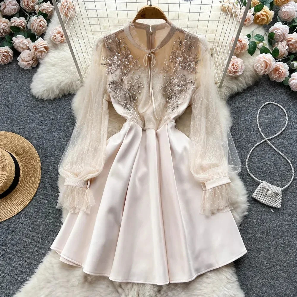 Retro Elegant O Neck Embroidered Beads Patchwork Mesh Dress A-line Long Sleeve Casual High Waist Dress Women Ceremonial Dress 250807