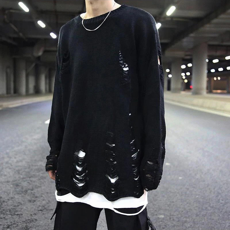 Mens Streetwear Hip Hop Black Oversized Knit Sweaters Y2k Unisex Harajuku Wash Hole Ripped Winter Clothes for Women 250801