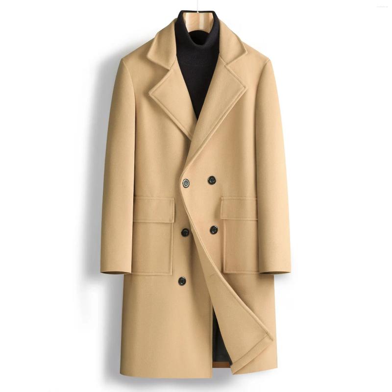 Men's Wool Autumn Winter Double Breasted Woolen Coats Solid Color Business Casual Mid-Length Outwear Male England Style Trench